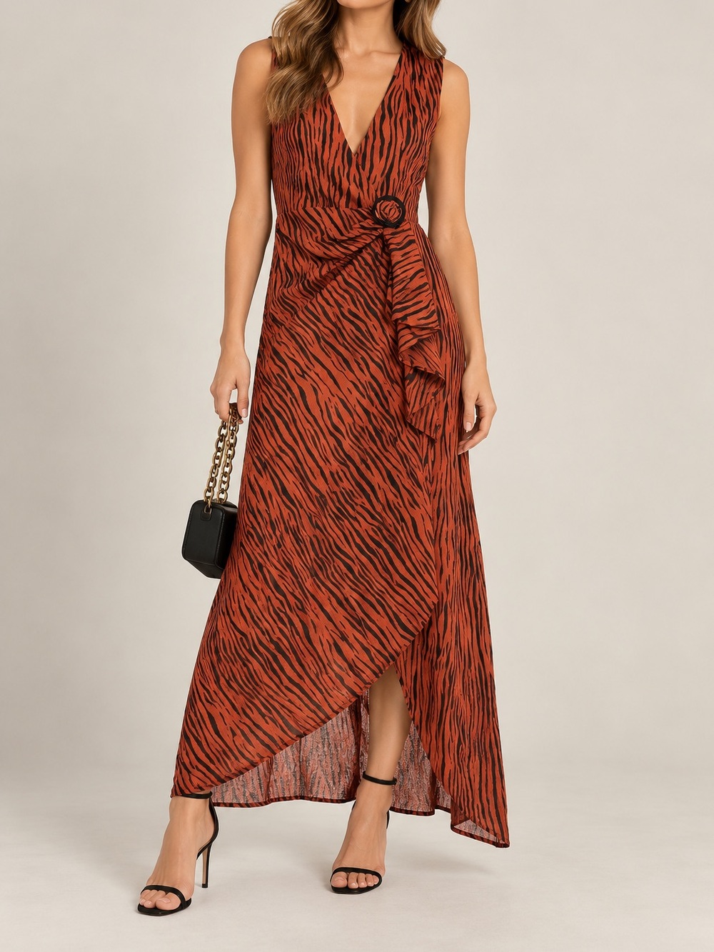 NWT Ronny Kobo Tiger Print Maxi Dress Wrap Sleeveless Belted Linen Small $545